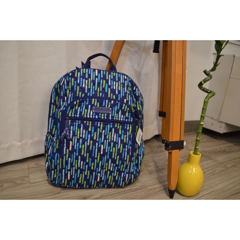 Vera Bradley NWT Women Quilted Backpack Bag Purse Blue Green Stripes